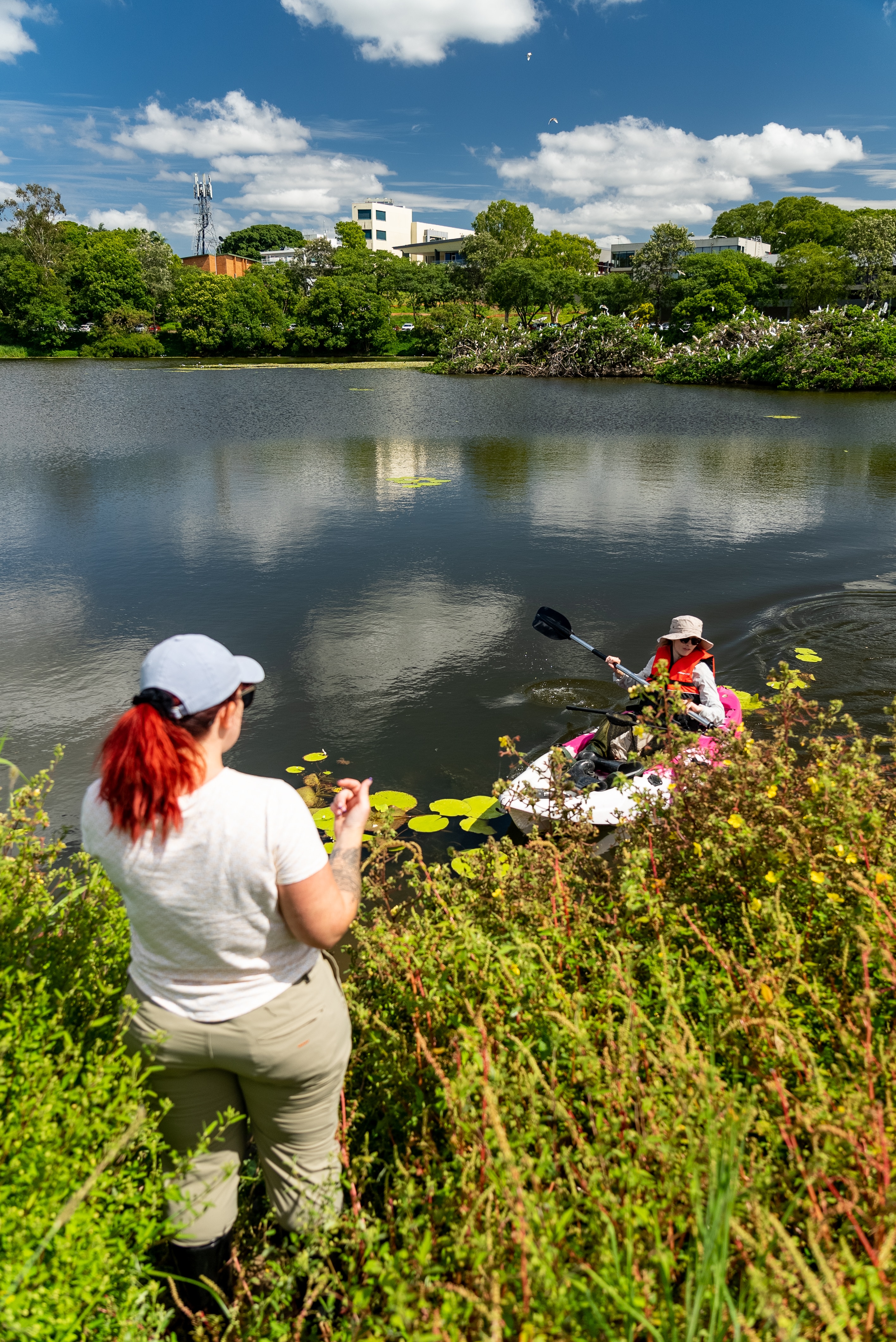 Zwei Forscher an einem Brutplatz an einer Wasserstraße.
