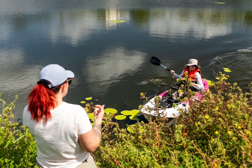 Two researchers at a breeding site on a waterway.