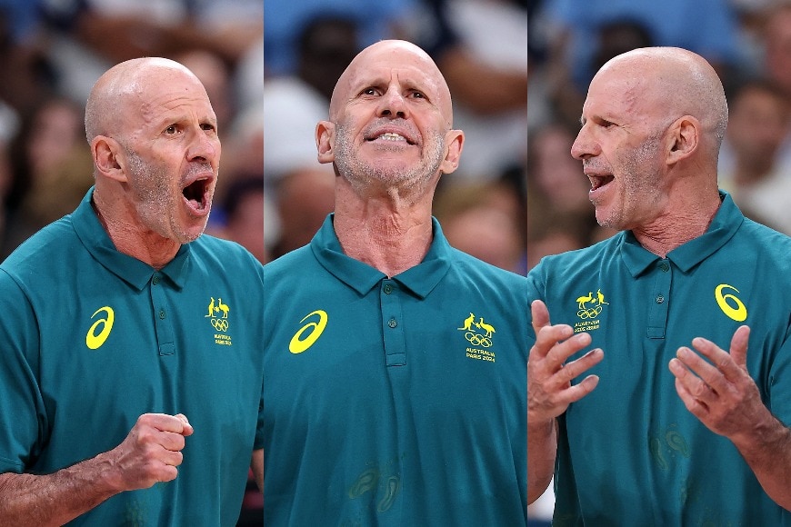 Three images of Australian coach Brian Goorjian making expressions on a basketball court in front of a packed Olympic crowd