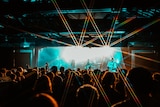 Band Eliza and the Delusionals perform on stage and light show for a crowd at the Zoo in Brisbane.