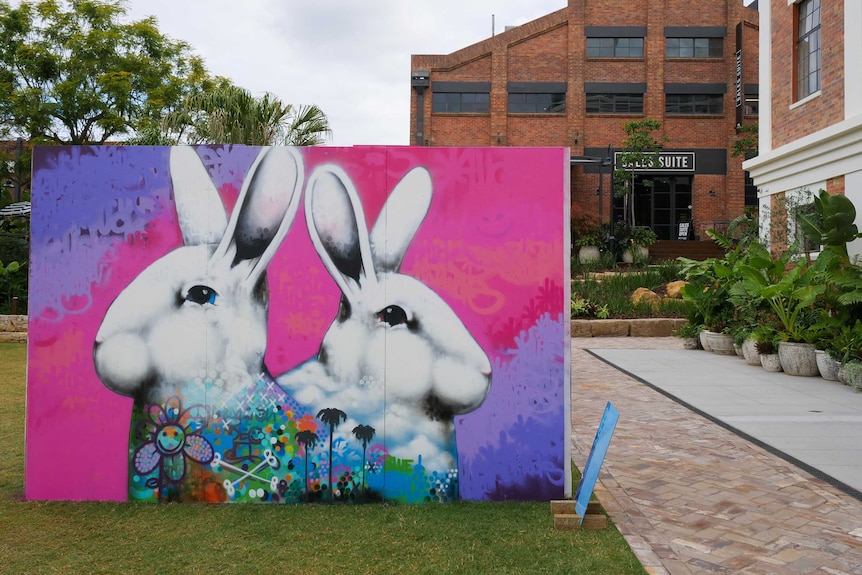 Painting of two rabbits in West End.