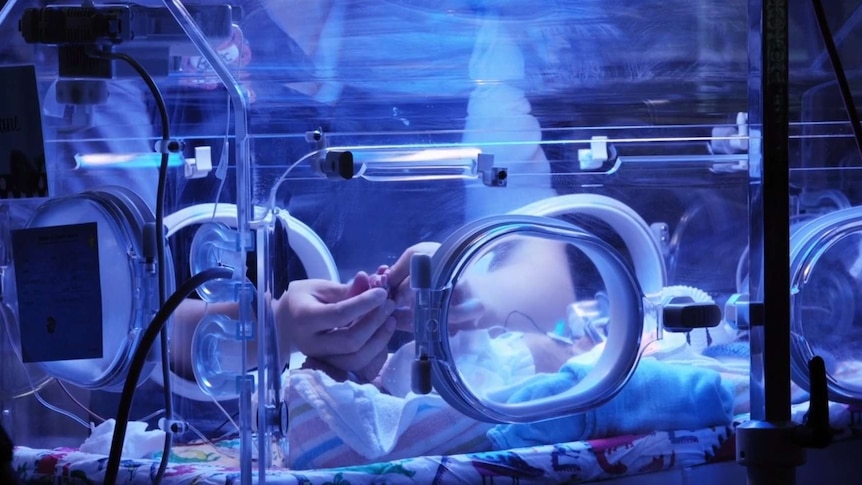 An unidentified staff member and baby at Adelaide's Women's and Children's Hospital.