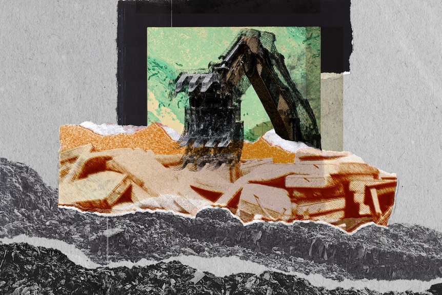A collage shows clawed construction machine, framed by bacteria image, leaning over pile of mattresses in rubbish tip.