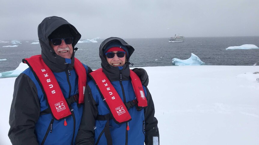 Jesz and Madge Fleming standing on an ice shelf.