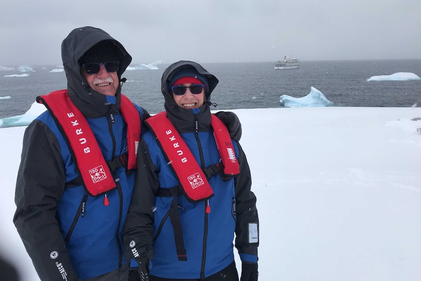 Jesz and Madge Fleming standing on an ice shelf.