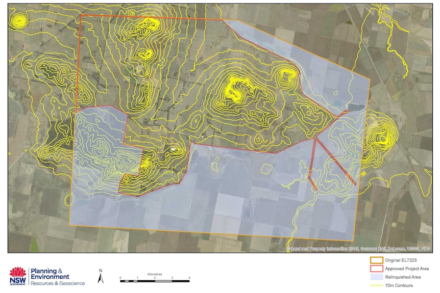 A map with coloured lines of the Shenhua Watermark Coal mine