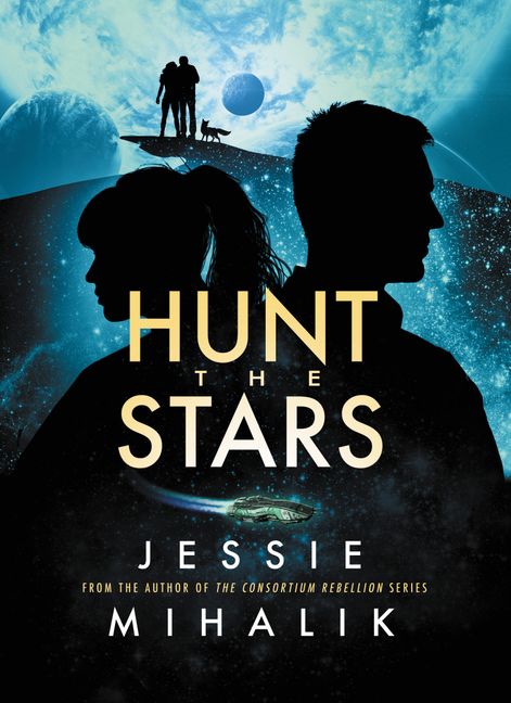 A book cover shows a man and a woman silhouetted against a starry space scene.