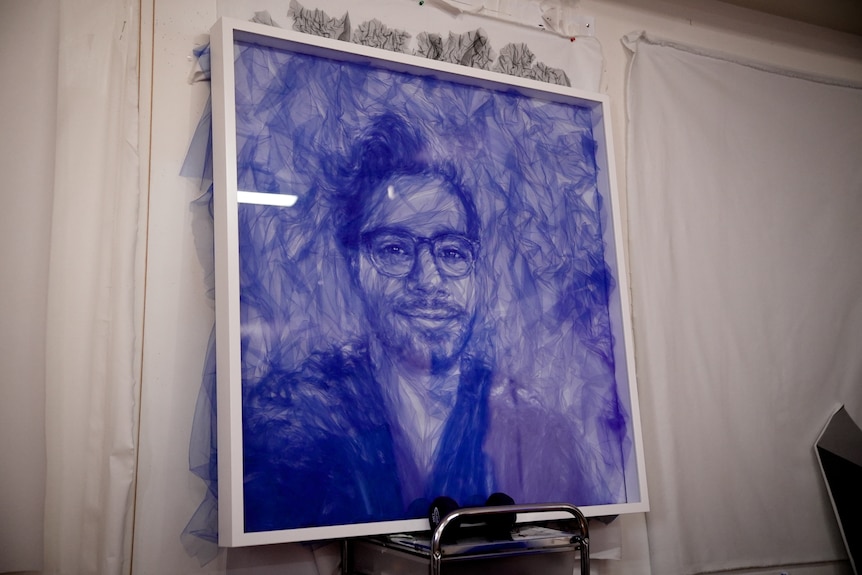 A human portrait created from purple tulle.