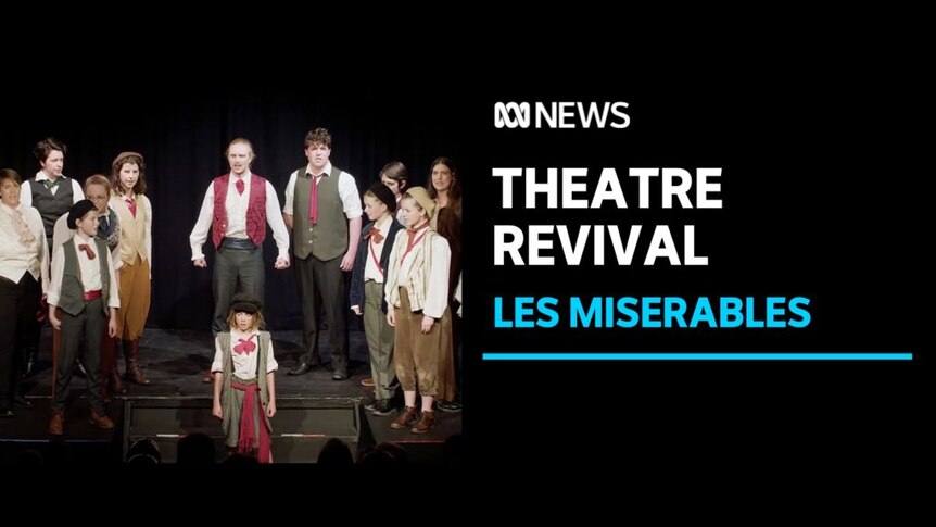 Theatre Revival, Les Miserables: Theatre cast wearing french revolution costume stand on stage.