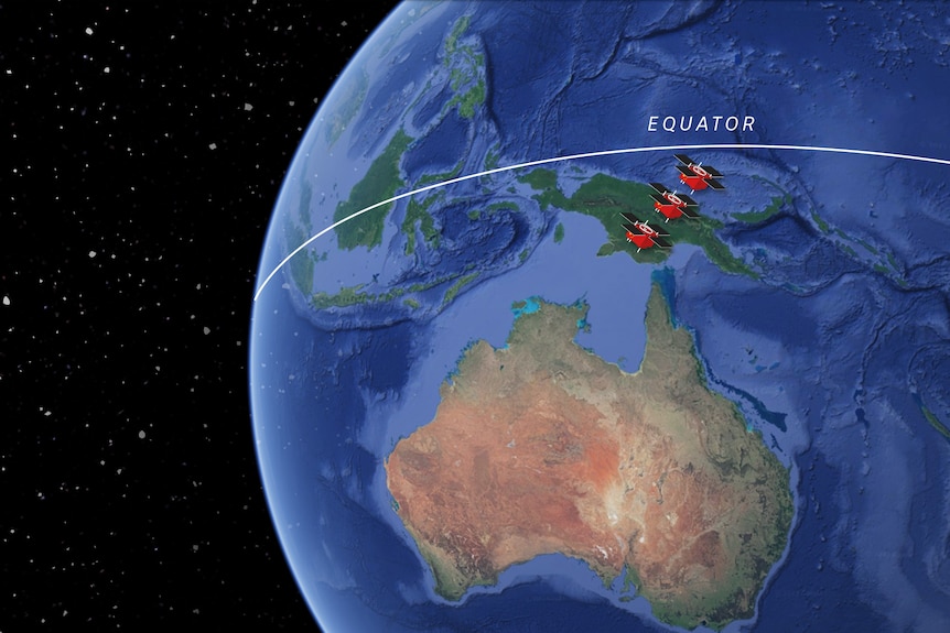 A graphic illustration depicts three geostationary satellites in position just under the equator and over Australia.