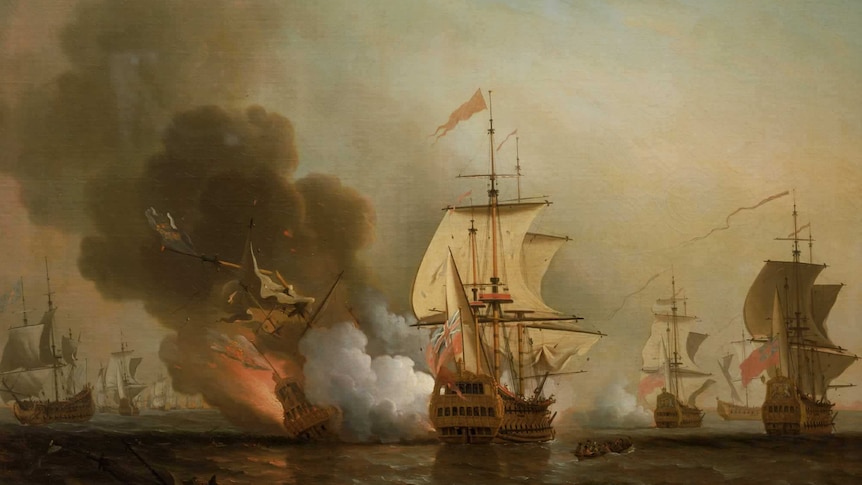 Oil painting showing the San Jose ship burning and listing to the left  with eight other ships nearby