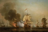 Oil painting showing the San Jose ship burning and listing to the left  with eight other ships nearby