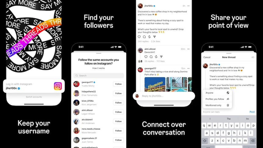 Four screens of the Threads app with text saying "Keep your username", "Find your followers", Connect over conversation".