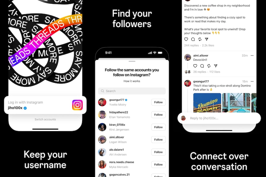 Four screens of the Threads app with text saying "Keep your username", "Find your followers", Connect over conversation".