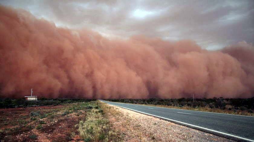 A cloud of dust gathers on the horizon near the Barrier Highway, about 100km east of Broken Hill, NSW.