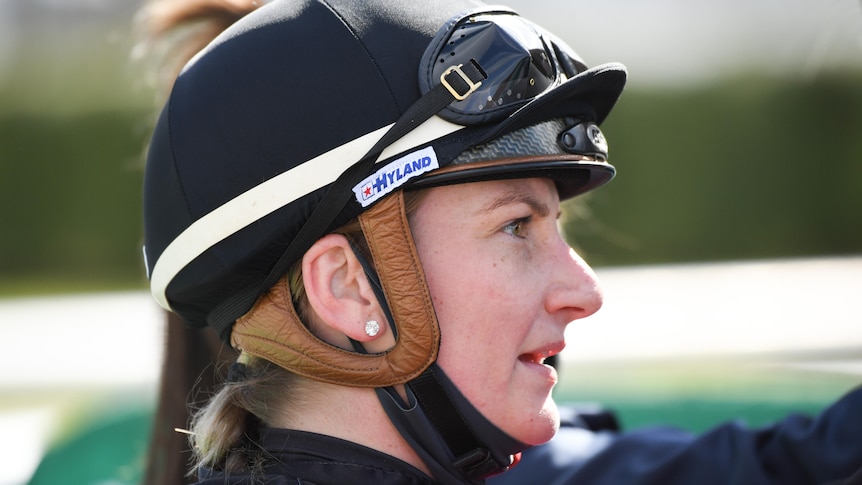 A female jockey after a race in Geelong in 2021.
