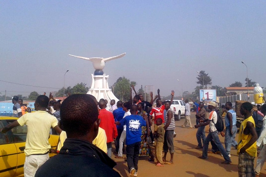 Residents of Central African Republic protest near the French Embassy in Bangui.
