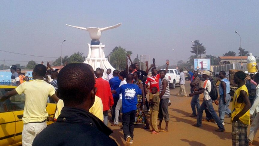 Residents of Central African Republic protest near the French Embassy in Bangui.
