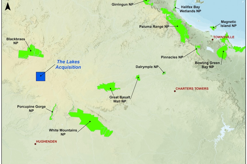 A map shows The Lakes is north of Hughenden near Towsnville