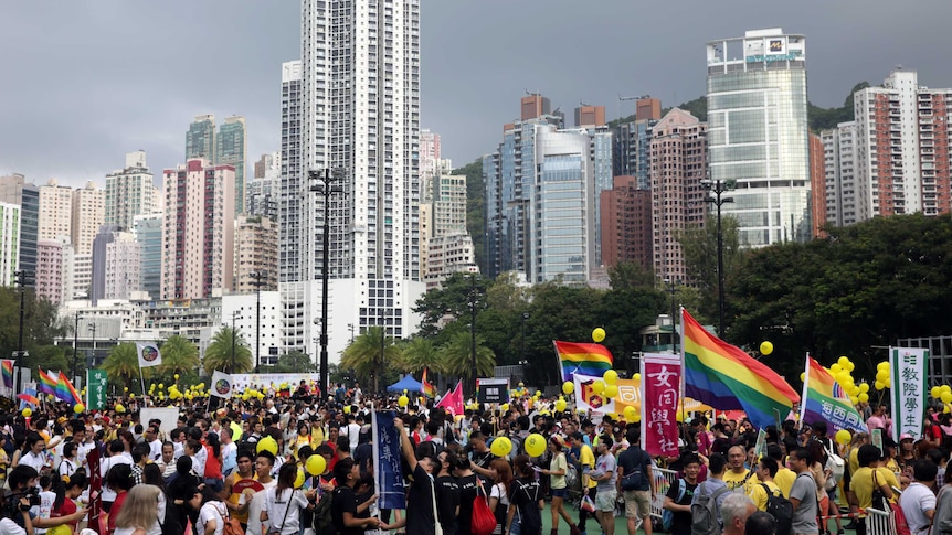 People take part in the LGBT parade in Hong Kong