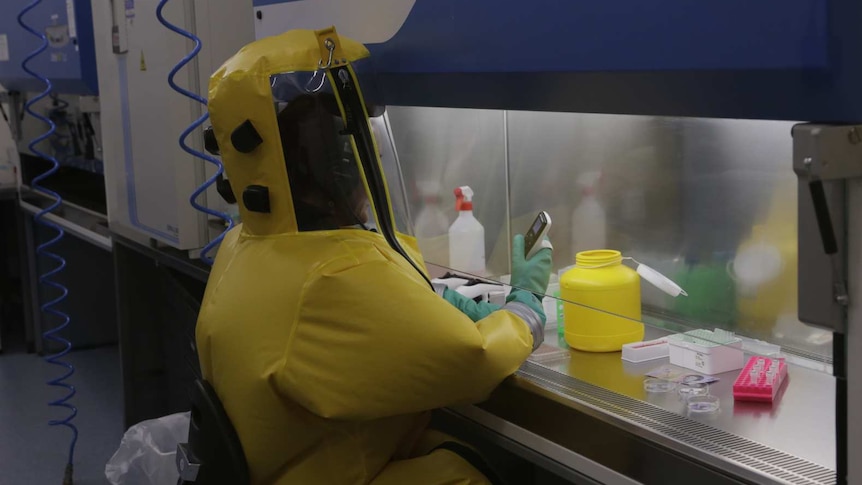A person wearing a bright yellow fully enclosed biosecurity suit is sitting at a laboratory cabinet