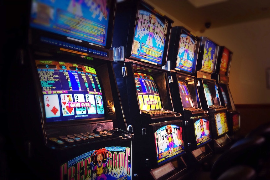 A row of brightly-lit poker machines lined up in a dark room of a venue.