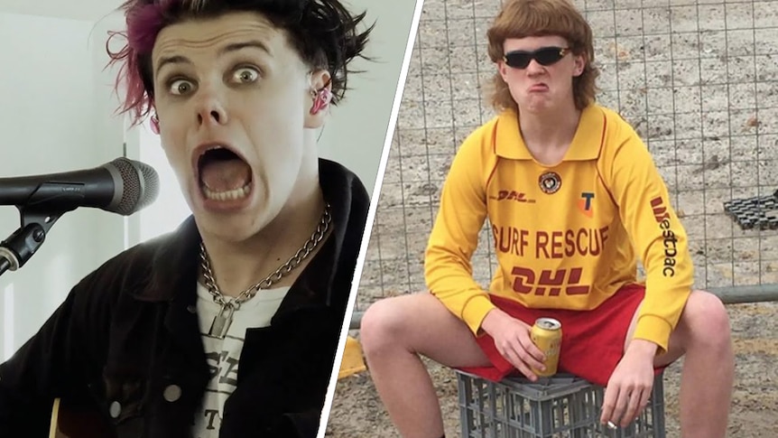 A collage of Yungblud performing live and a still from The Chats' music video for 'Smoko'