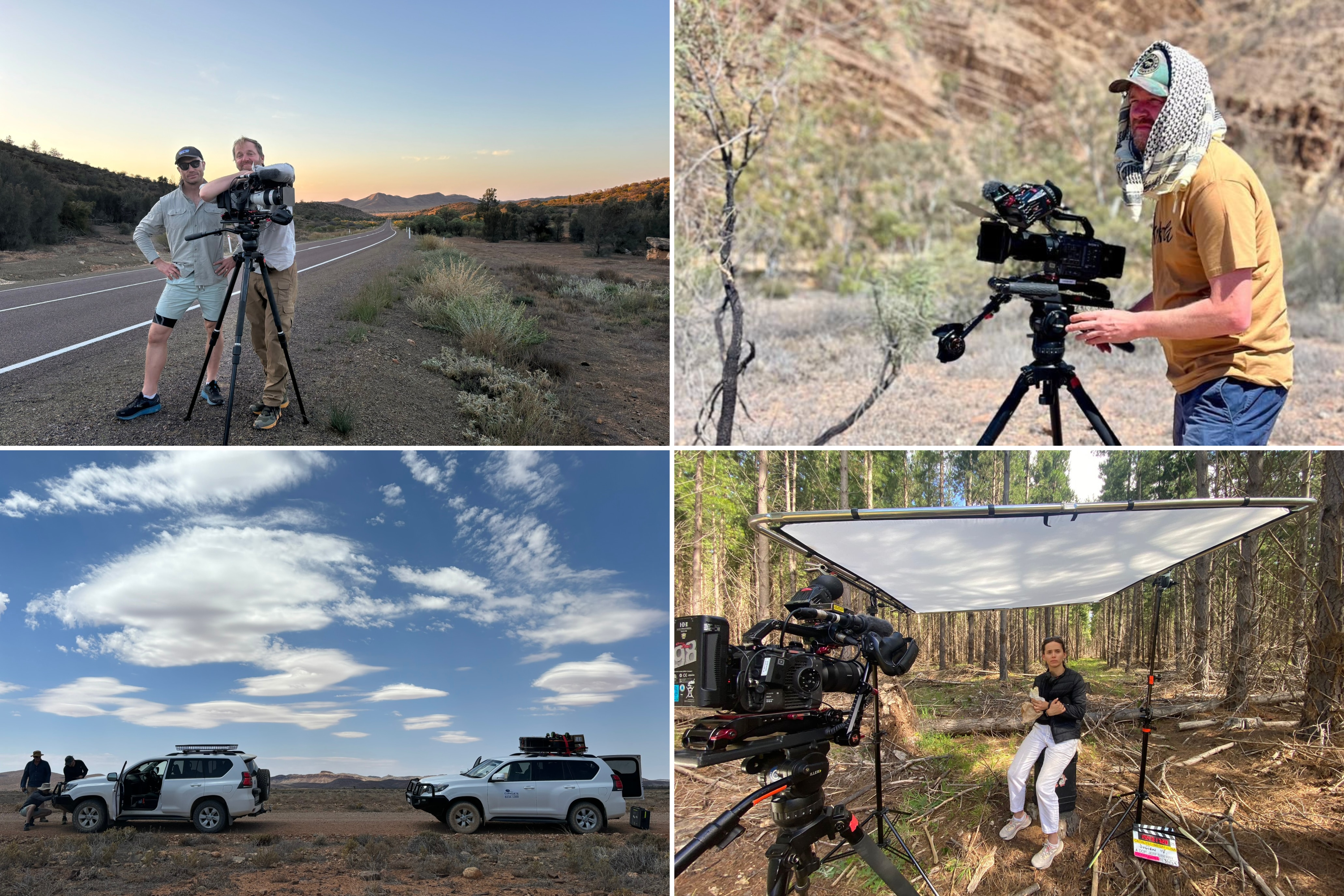 A composite of four pictures of the Catalyst crew filming in remote parts of Australia