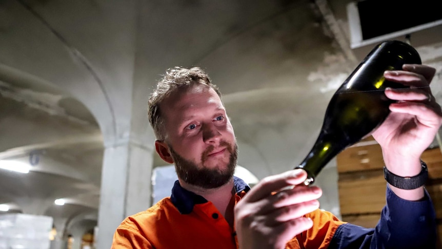 Man with light hair and beard smiles looking at illuminated wine bottle standing in downstairs cellar