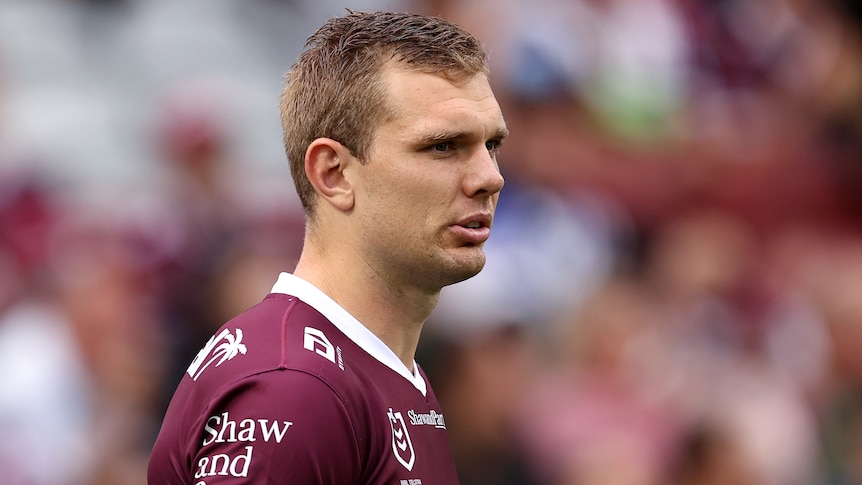 A Manly NRL players looks on during a match in 2022.