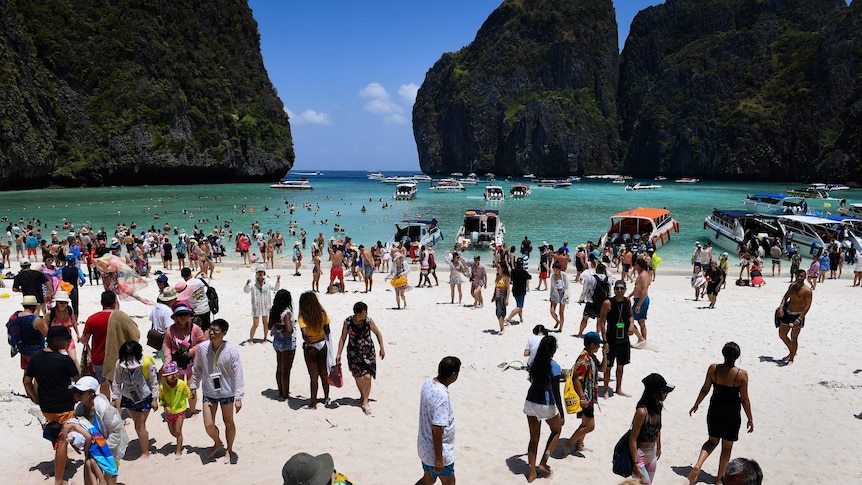 Crowds of tourists gather at Maya Bay, made famous by The Beach.