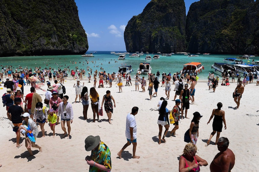 Crowds of tourists gather at Maya Bay, made famous by The Beach.