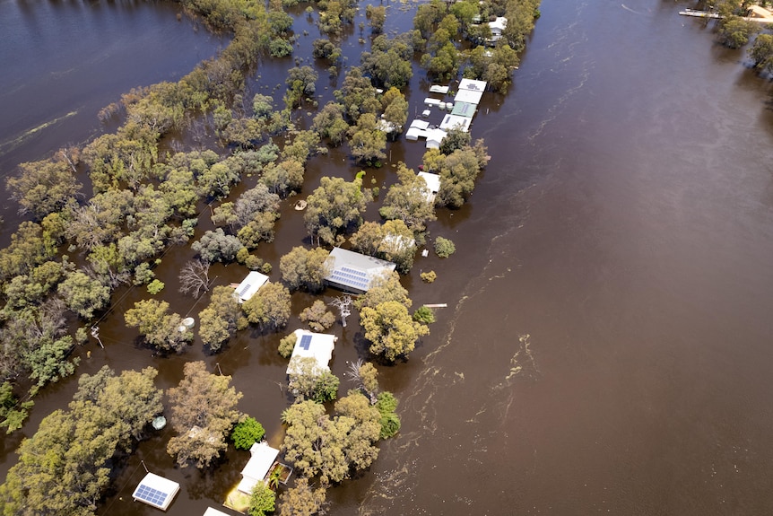 Aerial view of innundated homes.