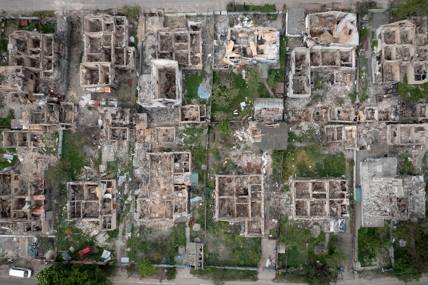 An aerial view of a residential area ruined by the Russian shelling