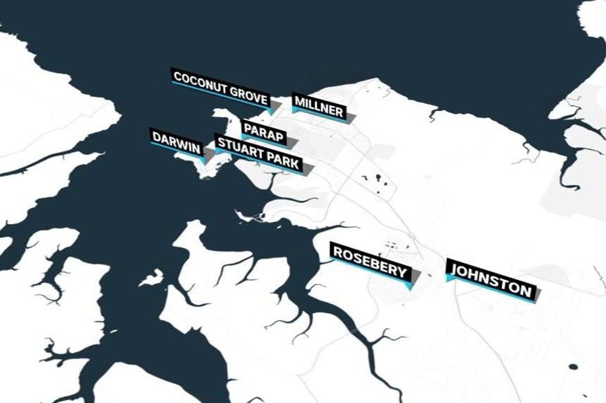 A computer generated graphic of Darwin with suburb labels.