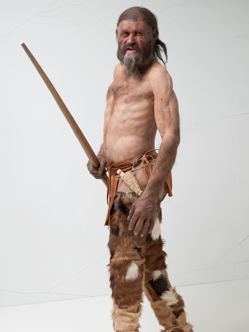 A reconstruction shows what an Iceman looked like.