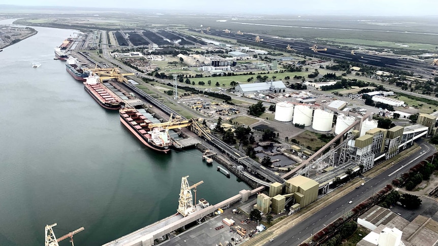 Ships docked at the Port of Newcastle, aerial view.