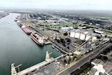 Ships docked at the Port of Newcastle, aerial view.