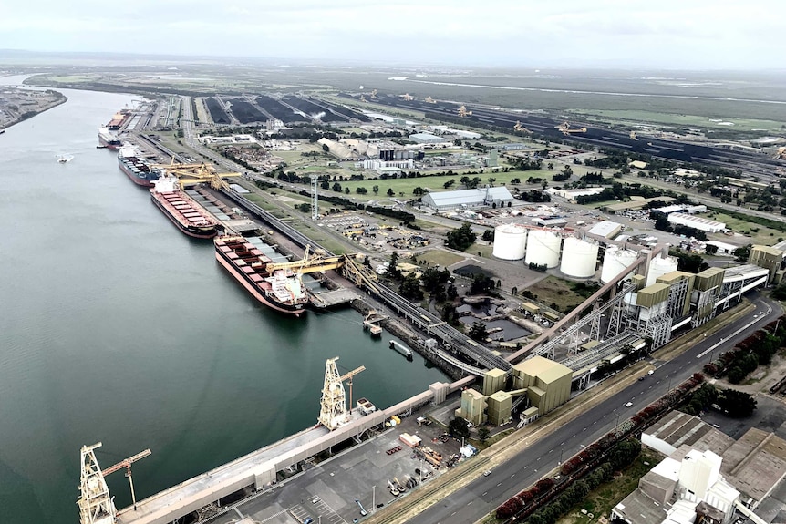 Ships docked at the Port of Newcastle, aerial view.