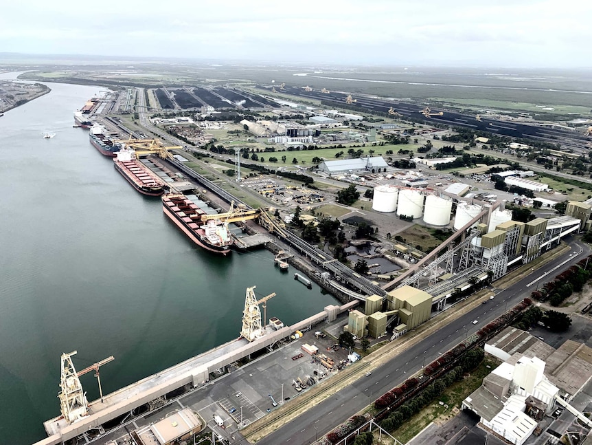 Ships docked at the Port of Newcastle, aerial view.