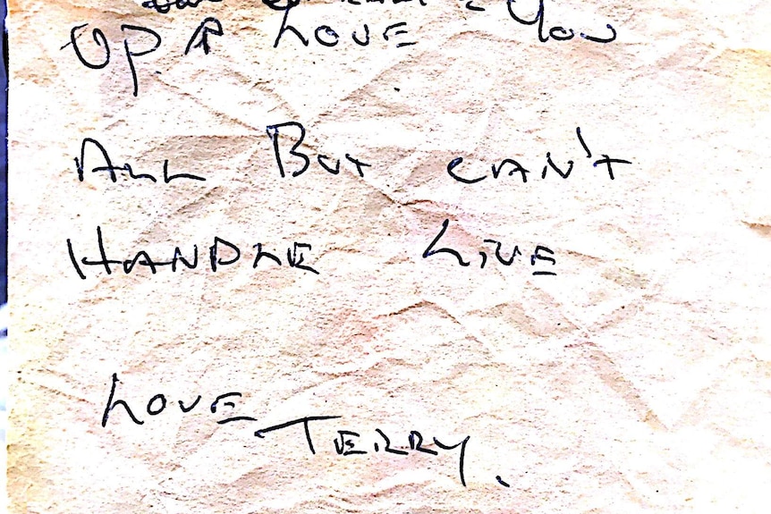 Terry Souter's suicide note reads "love you all but can't handle live [sic], love Terry".