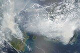 NASA satellite image shows smoke from fires in Indonesia over the coasts of Borneo and Sumatra