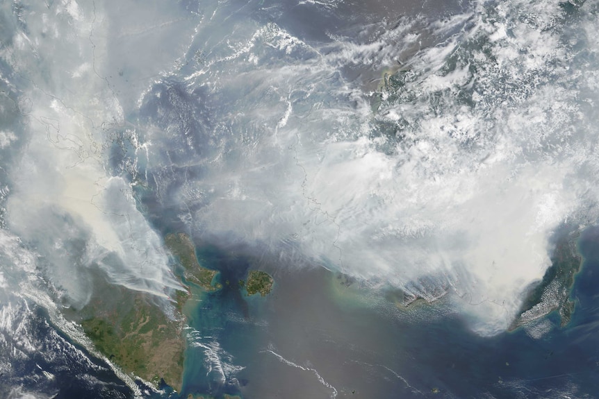 NASA satellite image shows smoke from fires in Indonesia over the coasts of Borneo and Sumatra