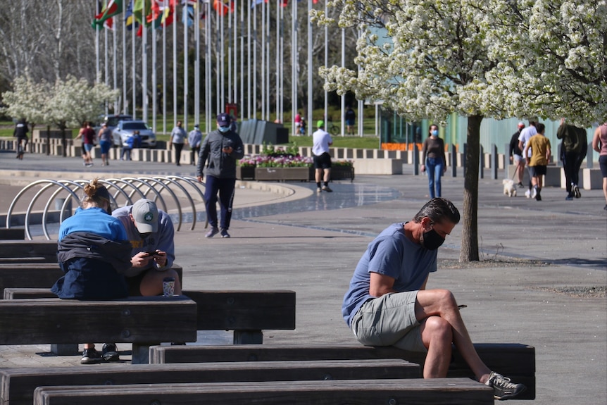 people sitting down and walking outdoors during a sunny day in Canberra