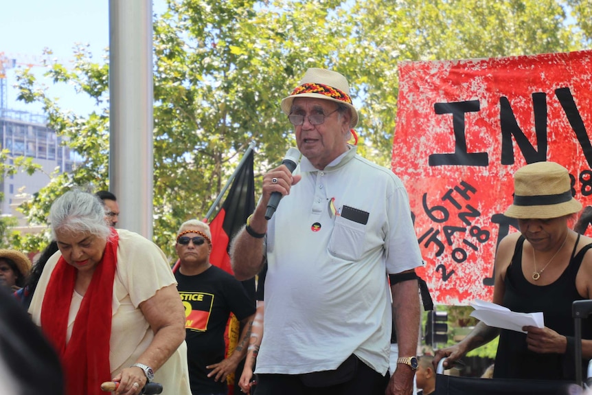 Noongar elder Ben Taylor speaks at the Perth rally.