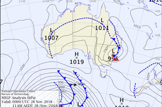 synoptic map showing low and trough