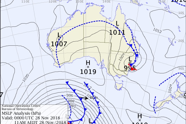 synoptic map showing low and trough