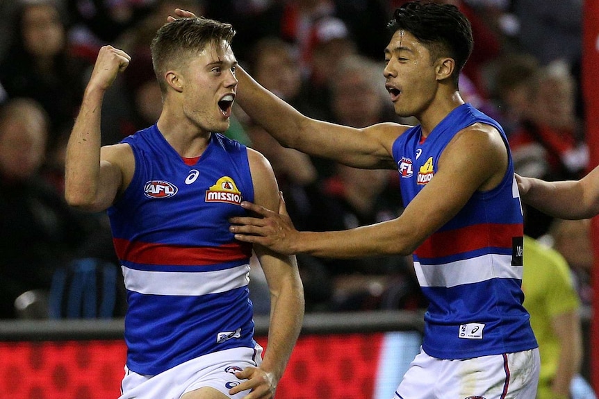 Josh Schache of the Bulldogs celebrates with Lin Jong after his goal against St Kilda.