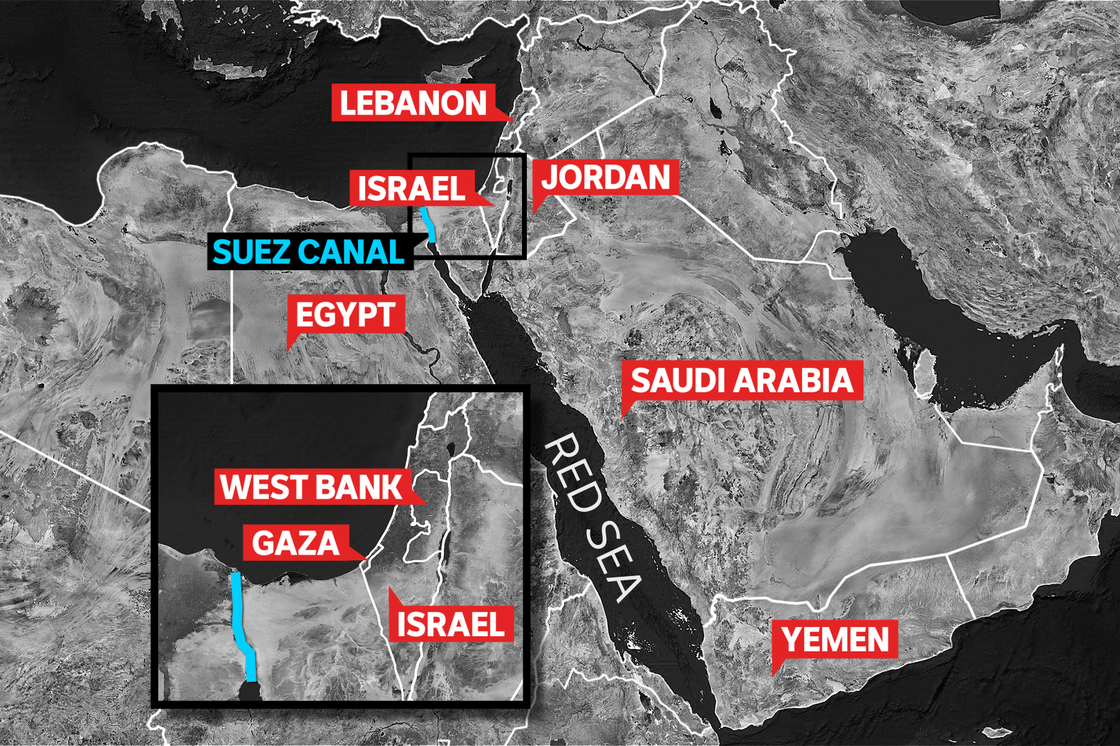 A map showing the Red Sea, Suez Canal and surrounding countries. 