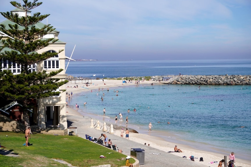 A wide shot of Cottesloe Beach with the Indiana Teahouse and swimmers in the background.
